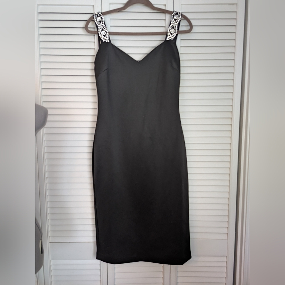TED BAKER Mally Embellished Rhinestones Strap Bodycon Black Dress NWT Size 4 - Picture 3 of 15